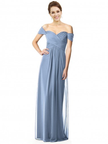 Long Dusty Blue Cap Sleeves A-Line Soft Chiffon Bridesmaid Dress Birmingham