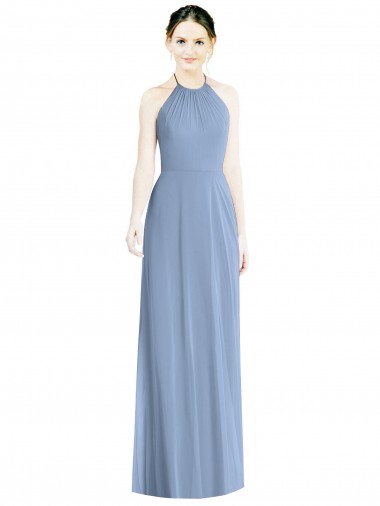 Long Floor Length Dusty Blue Sleeveless A-Line Low Back Bridesmaid Dress Birmingham