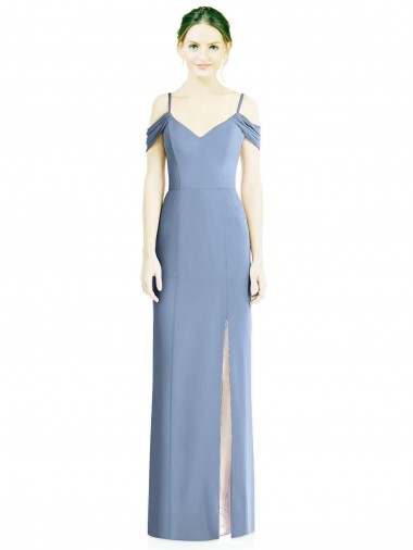 Long Dusty Blue Cold Shoulder A-Line Open Back Formal Evening Gown / Bridesmaid Dress Birmingham