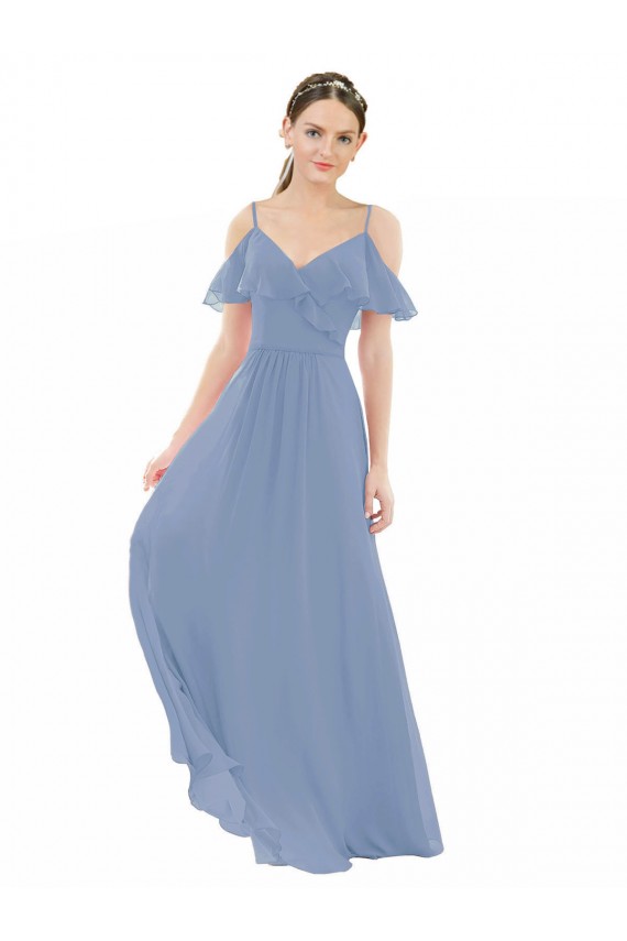 Long Dusty Blue Cap Sleeves A-Line Bridesmaid Dress Birmingham