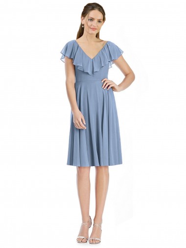 Cocktail Length Dusty Blue Cap Sleeves A-Line V-Back Bridesmaid Dress Birmingham