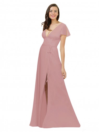 Long Dusty Pink Flutter Sleeves A-Line V-Back Bridesmaid Dress / Evening Dress Birmingham