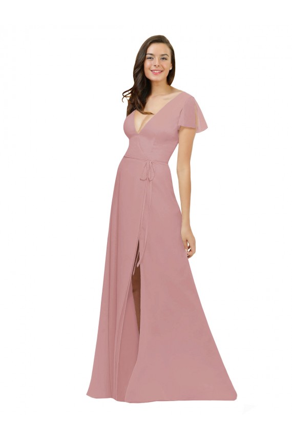 Long Dusty Pink Flutter Sleeves A-Line V-Back Bridesmaid Dress / Evening Dress Birmingham