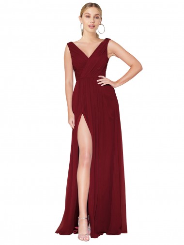 Long Burgundy Sleeveless A-Line V-Back High Slit Black Tie Evening Gown / Prom Dress / Bridesmaid Dress Birmingham