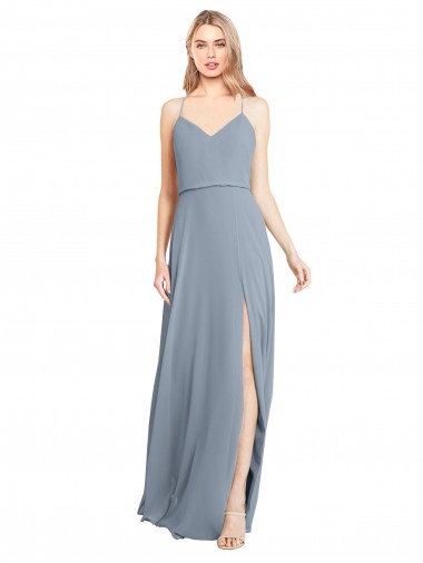 Long Dusty Blue Sleeveless A-Line Open Back Bridesmaid Gowns Birmingham