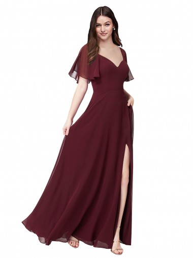 Long Burgundy Gold Short Flutter Sleeves A-Line Keyhole Back Formal Dress / Bridesmaid Dress Birmingham