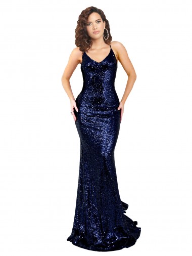 Long Dark Navy Sleeveless Mermaid Open Back Sequin Formal Evening Gown / Prom Dress / Bridesmaid Dress Birmingham