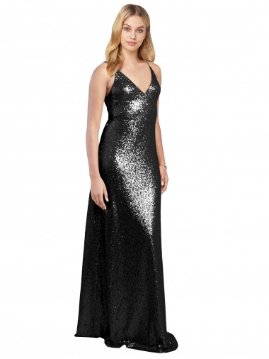 Long Black Sleeveless A-Line V-Back Sequin Formal Evening Gown / Prom Dress / Bridesmaid Dress Birmingham