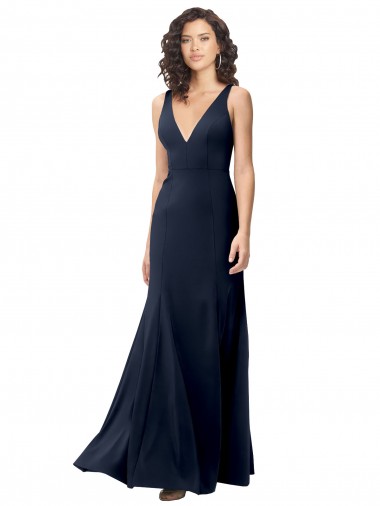 Long Dark Navy Sleeveless A-Line V-Back Stretch Crepe Formal Dress / Bridesmaid Dress Birmingham