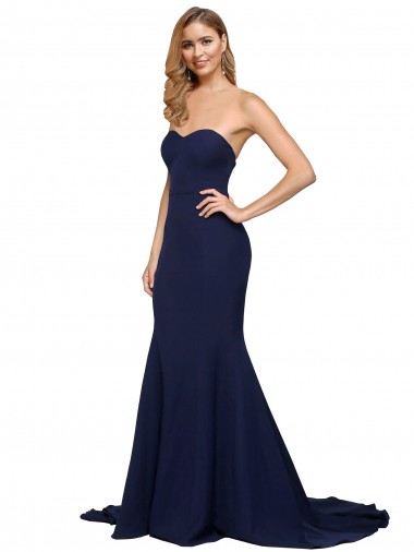 Sweep Train Dark Navy Sleeveless A-Line Low Back Formal Evening Gown / Prom Dress / Bridesmaid Dress Birmingham