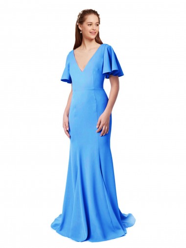 Sweep Train Peacock Blue Short Sleeves Mermaid, Sheath V-Back Prom Dress / Bridesmaid Dress Birmingham