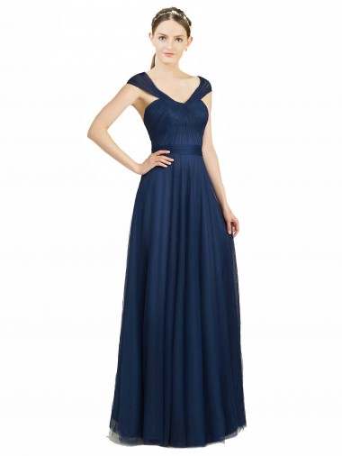 Long Dark Navy Sleeveless A-Line Low Back Tulle Bridesmaid Dress Birmingham