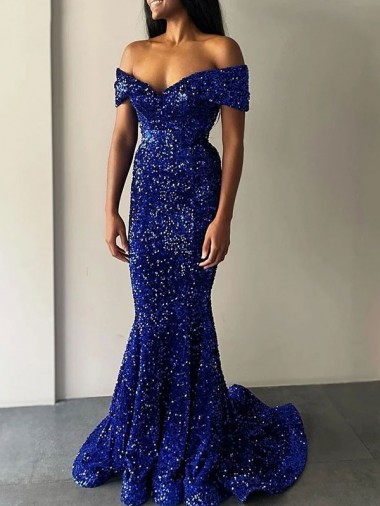 Sweep Train Royal Blue Sleeveless Mermaid Velvet Sequin Prom Dress Birmingham