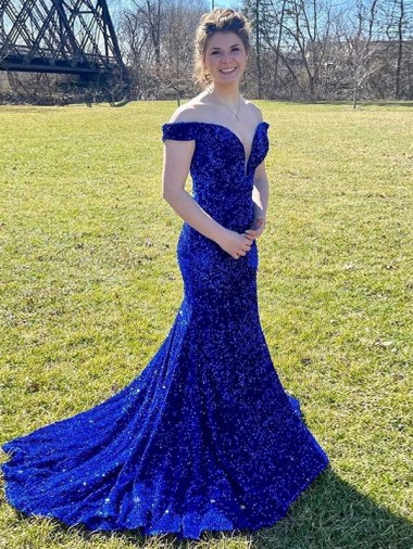 Sweep Train Royal Blue Sleeveless Sheath Velvet Sequin Prom Dress Birmingham