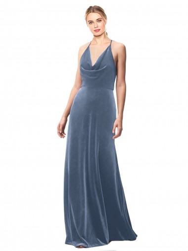 Long Dusty Blue Sleeveless A-Line Keyhole Back Prom Dress / Bridesmaid Dress Birmingham