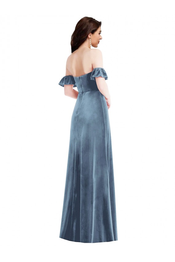 Long Dusty Blue Ruffle Sleeves A-Line Low Back Formal Dress / Bridesmaid Dress Birmingham